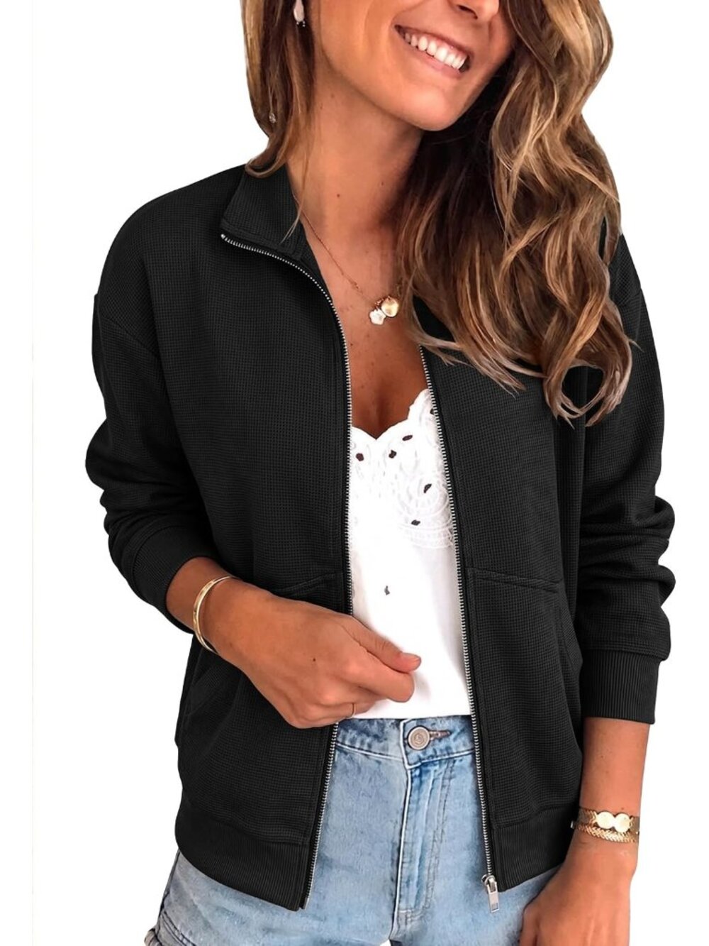 Womens Black Textured Front Zip Closure Long Sleeve Lining Quilted Bomber Jacket